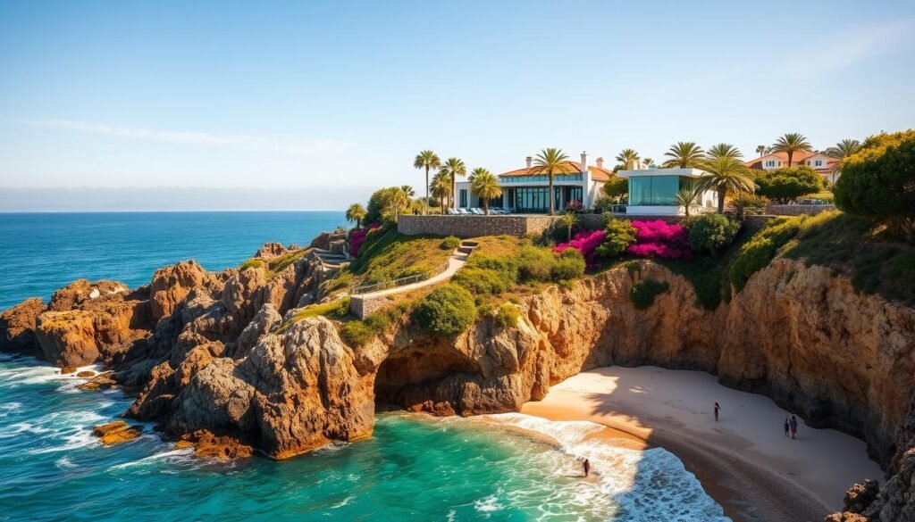 A breathtaking California beach resort nestled along the rugged, sun-drenched coastline. The scene depicts a luxurious, coastal getaway with a stylish, modern villa perched atop a rocky promontory. The villa's sleek, glass-and-stone architecture seamlessly blends with the natural landscape, accentuated by lush, swaying palm trees and vibrant bougainvillea blooms. In the foreground, a pristine, crescent-shaped sandy beach is framed by dramatic cliffs, inviting visitors to enjoy the gentle lapping of turquoise waves. The image is bathed in warm, golden light, creating a serene, tranquil atmosphere, perfectly capturing the essence of a unique, high-end California coastal escape. A breathtaking California beach resort nestled along the rugged, sun-drenched coastline. The scene depicts a luxurious, coastal getaway with a stylish, modern villa perched atop a rocky promontory. The villa's sleek, glass-and-stone architecture seamlessly blends with the natural landscape, accentuated by lush, swaying palm trees and vibrant bougainvillea blooms. In the foreground, a pristine, crescent-shaped sandy beach is framed by dramatic cliffs, inviting visitors to enjoy the gentle lapping of turquoise waves. The image is bathed in warm, golden light, creating a serene, tranquil atmosphere, perfectly capturing the essence of a unique, high-end California coastal escape.