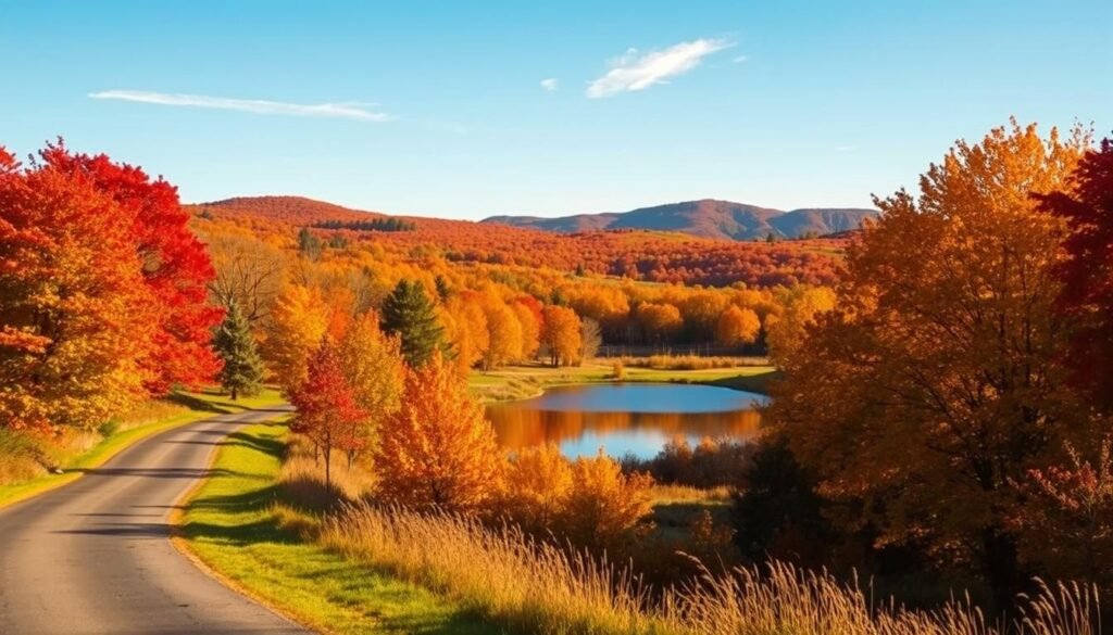 A breathtaking autumn landscape in the United States, captured on a sunny October day. In the foreground, a winding country road flanked by vibrant maple and oak trees, their leaves ablaze with shades of red, orange, and gold. In the middle ground, a serene pond reflects the surrounding foliage, creating a mesmerizing mirrored effect. In the distance, rolling hills dressed in the warm hues of the season, with a few wisps of clouds drifting across a clear, azure sky. The scene is bathed in a soft, golden light, casting a cozy and inviting atmosphere, perfectly capturing the magic of autumn in the USA.