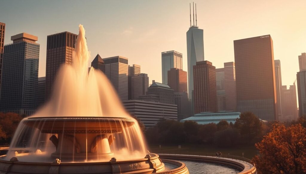 A breathtaking cityscape of Chicago's iconic skyline, bathed in warm golden light. In the foreground, the magnificent Buckingham Fountain stands tall, its cascading waters shimmering under the sun. The middle ground showcases the sleek, modern high-rises of the Loop, their reflective glass facades mirroring the surrounding architecture. In the distance, the towering presence of the Willis Tower (formerly Sears Tower) dominates the skyline, its distinctive silhouette reaching towards the heavens. A soft, hazy atmosphere envelops the scene, creating a dreamlike quality that captures the vibrant energy and diverse charm of the Windy City. A breathtaking cityscape of Chicago's iconic skyline, bathed in warm golden light. In the foreground, the magnificent Buckingham Fountain stands tall, its cascading waters shimmering under the sun. The middle ground showcases the sleek, modern high-rises of the Loop, their reflective glass facades mirroring the surrounding architecture. In the distance, the towering presence of the Willis Tower (formerly Sears Tower) dominates the skyline, its distinctive silhouette reaching towards the heavens. A soft, hazy atmosphere envelops the scene, creating a dreamlike quality that captures the vibrant energy and diverse charm of the Windy City.