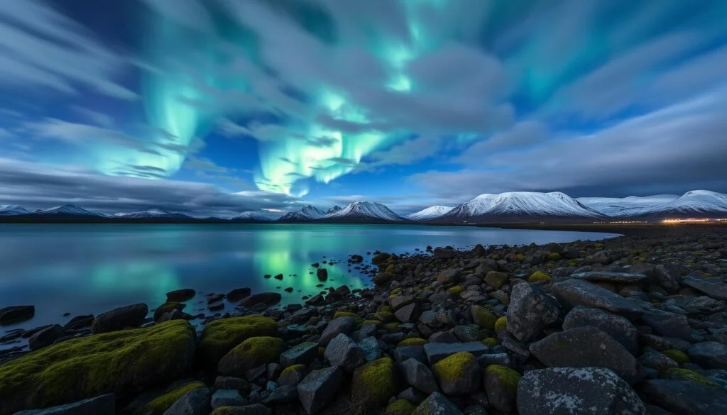 A breathtaking night landscape in Iceland, where the mesmerizing northern lights dance across the sky. In the foreground, a serene lake reflects the vibrant aurora borealis, casting a magical glow over the snow-capped mountains in the distance. The middle ground features a rugged, rocky terrain dotted with mossy boulders, creating a sense of depth and dimensionality. The background is dominated by a dramatic, cloudy sky, with the northern lights swirling and undulating in a captivating display of nature's ethereal beauty. Captured with a wide-angle lens, this scene evokes a sense of wonder and awe. nextstopin A breathtaking night landscape in Iceland, where the mesmerizing northern lights dance across the sky. In the foreground, a serene lake reflects the vibrant aurora borealis, casting a magical glow over the snow-capped mountains in the distance. The middle ground features a rugged, rocky terrain dotted with mossy boulders, creating a sense of depth and dimensionality. The background is dominated by a dramatic, cloudy sky, with the northern lights swirling and undulating in a captivating display of nature's ethereal beauty. Captured with a wide-angle lens, this scene evokes a sense of wonder and awe. nextstopin