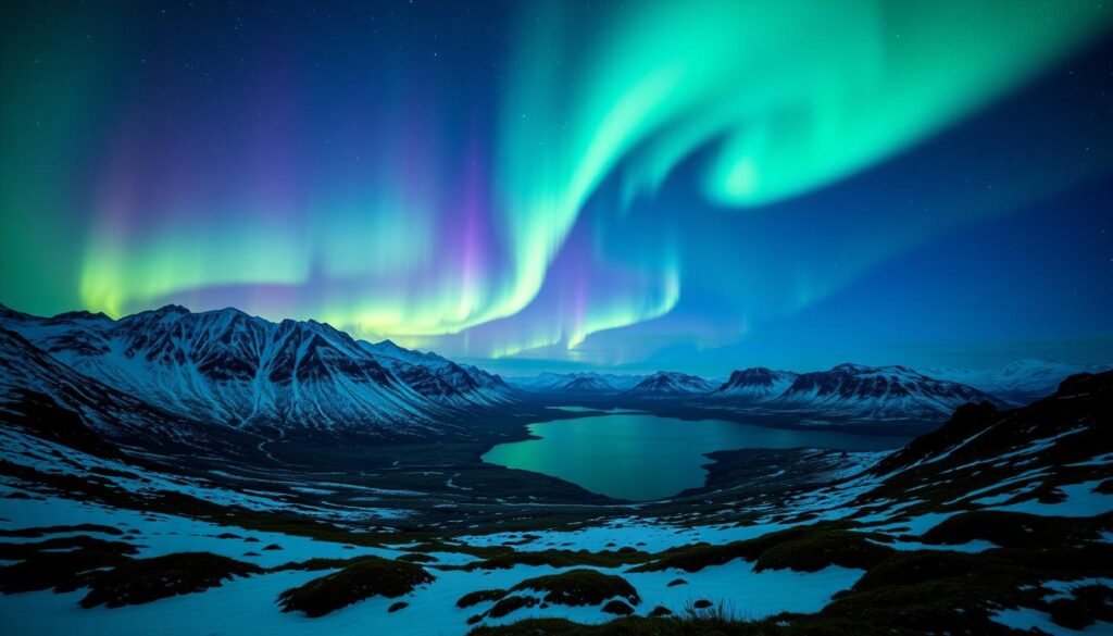 A breathtaking night sky over the rugged Icelandic landscape, the Northern Lights dancing in vibrant greens, purples, and blues across the heavens. In the foreground, a snow-covered mountainous terrain, dotted with patches of lush, mossy vegetation. The aurora borealis illuminates the scene, casting a magical glow over the tranquil glacial lake in the middle ground. The image is captured with a wide-angle lens, accentuating the grand scale and dramatic scale of the natural wonder. The overall mood is one of awe and wonder, showcasing the ethereal beauty of this natural phenomenon in Iceland.