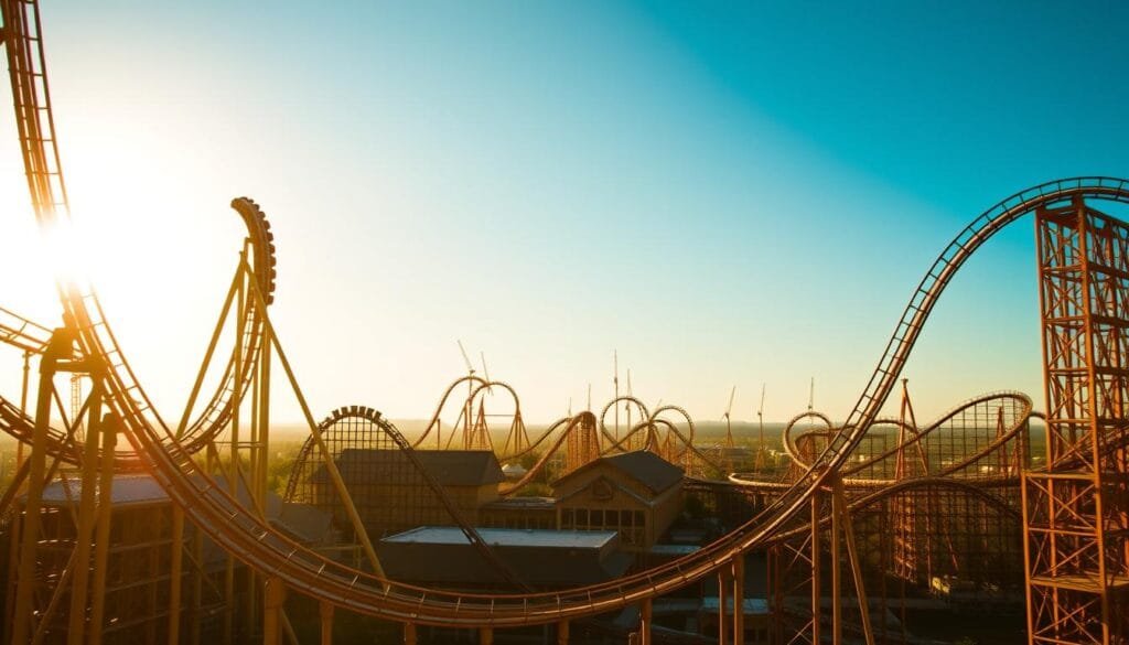 A breathtaking panorama of Cedar Point's iconic roller coasters, bathed in warm golden sunlight. In the foreground, the towering, twisting steel tracks of the legendary Millennium Force rise up, its sleek cars hurtling through the air with exhilarating speed. In the middle ground, the classic wooden structure of the Mean Streak coaster stands proud, its undulating curves and steep drops promising thrills. In the background, the majestic silhouettes of other world-class roller coasters stretch out, creating a mesmerizing skyline of adrenaline-fueled adventure. The scene radiates an atmosphere of unbridled excitement, capturing the essence of Cedar Point's status as the "Roller Coaster Capital of the World". A breathtaking panorama of Cedar Point's iconic roller coasters, bathed in warm golden sunlight. In the foreground, the towering, twisting steel tracks of the legendary Millennium Force rise up, its sleek cars hurtling through the air with exhilarating speed. In the middle ground, the classic wooden structure of the Mean Streak coaster stands proud, its undulating curves and steep drops promising thrills. In the background, the majestic silhouettes of other world-class roller coasters stretch out, creating a mesmerizing skyline of adrenaline-fueled adventure. The scene radiates an atmosphere of unbridled excitement, capturing the essence of Cedar Point's status as the "Roller Coaster Capital of the World".
