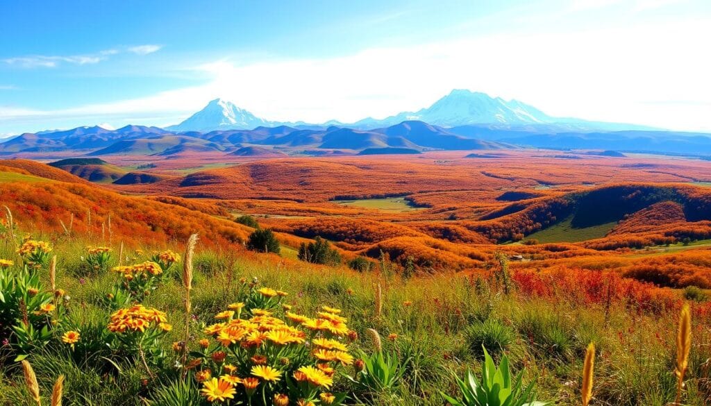 A breathtaking panoramic view of Argentina's diverse seasonal landscape. In the foreground, a lush, verdant meadow dotted with vibrant wildflowers sways gently in a warm, golden light. The middle ground features rolling hills cloaked in a patchwork of autumn foliage, hues of amber, crimson, and ochre blending seamlessly. In the distance, majestic snow-capped Andean peaks pierce the azure sky, their icy summits glimmering under a soft, diffused natural illumination. The entire scene is imbued with a sense of tranquility and wonder, capturing the essence of Argentina's ever-changing, awe-inspiring seasonal beauty. A breathtaking panoramic view of Argentina's diverse seasonal landscape. In the foreground, a lush, verdant meadow dotted with vibrant wildflowers sways gently in a warm, golden light. The middle ground features rolling hills cloaked in a patchwork of autumn foliage, hues of amber, crimson, and ochre blending seamlessly. In the distance, majestic snow-capped Andean peaks pierce the azure sky, their icy summits glimmering under a soft, diffused natural illumination. The entire scene is imbued with a sense of tranquility and wonder, capturing the essence of Argentina's ever-changing, awe-inspiring seasonal beauty.