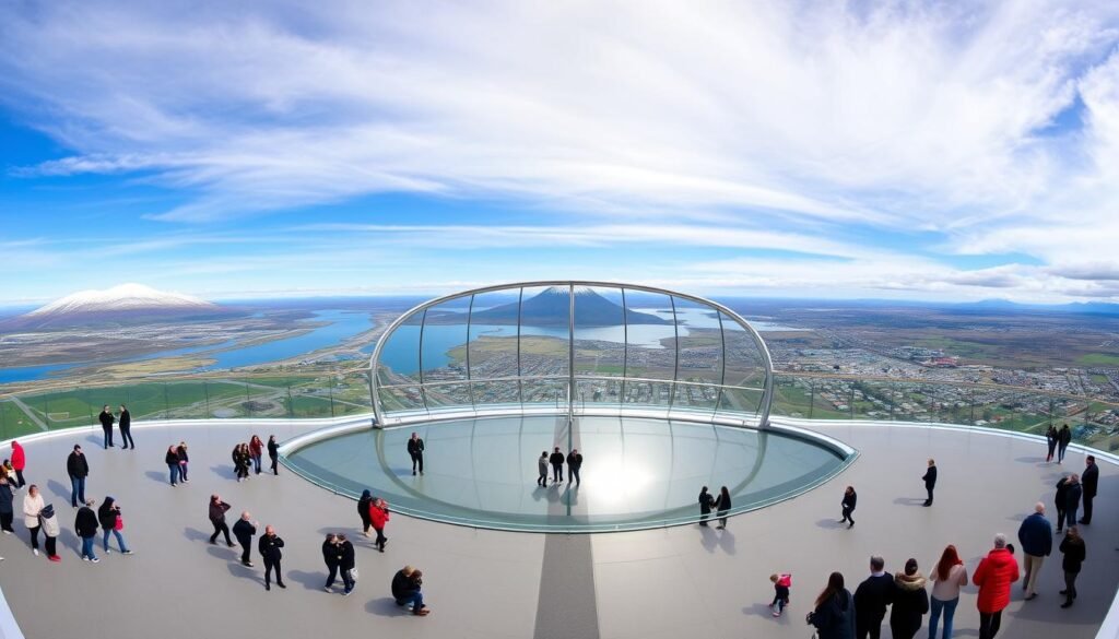 A breathtaking panoramic view of the Perlan Observation Deck in Reykjavik, Iceland. The gleaming glass dome sits atop a hill, offering visitors a 360-degree vista of the city and its surrounding natural wonders. Inside, the observation deck features sleek, minimalist architecture with floor-to-ceiling windows that flood the space with natural light. In the foreground, visitors admire the stunning vistas, from the snow-capped peaks of Mount Esja to the glistening waters of Faxaflói Bay. In the middle ground, the domed structure's distinctive architecture takes center stage, its curved silhouette reflected in the smooth surfaces below. The background showcases the vibrant cityscape of Reykjavik, with its colorful buildings and bustling streets. The scene exudes a sense of tranquility and wonder, inviting the viewer to immerse themselves in the beauty of this iconic Icelandic landmark. A breathtaking panoramic view of the Perlan Observation Deck in Reykjavik, Iceland. The gleaming glass dome sits atop a hill, offering visitors a 360-degree vista of the city and its surrounding natural wonders. Inside, the observation deck features sleek, minimalist architecture with floor-to-ceiling windows that flood the space with natural light. In the foreground, visitors admire the stunning vistas, from the snow-capped peaks of Mount Esja to the glistening waters of Faxaflói Bay. In the middle ground, the domed structure's distinctive architecture takes center stage, its curved silhouette reflected in the smooth surfaces below. The background showcases the vibrant cityscape of Reykjavik, with its colorful buildings and bustling streets. The scene exudes a sense of tranquility and wonder, inviting the viewer to immerse themselves in the beauty of this iconic Icelandic landmark.