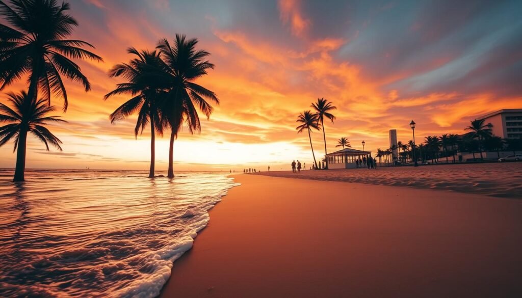 A breathtaking sunset over the pristine, golden sands of Mar del Plata Beach. In the foreground, gentle waves caress the shoreline, reflecting the warm hues of the sky. Towering palm trees sway in the soft breeze, casting long shadows across the tranquil scene. In the middle ground, beachgoers stroll along the promenade, taking in the stunning view. The background is dominated by a vibrant, fiery sky, with hues of orange, pink, and purple cascading across the horizon. The lighting is soft and ethereal, creating a serene and calming atmosphere. Captured through a wide-angle lens, this image showcases the undeniable beauty and allure of this iconic Argentine coastal destination. A breathtaking sunset over the pristine, golden sands of Mar del Plata Beach. In the foreground, gentle waves caress the shoreline, reflecting the warm hues of the sky. Towering palm trees sway in the soft breeze, casting long shadows across the tranquil scene. In the middle ground, beachgoers stroll along the promenade, taking in the stunning view. The background is dominated by a vibrant, fiery sky, with hues of orange, pink, and purple cascading across the horizon. The lighting is soft and ethereal, creating a serene and calming atmosphere. Captured through a wide-angle lens, this image showcases the undeniable beauty and allure of this iconic Argentine coastal destination.