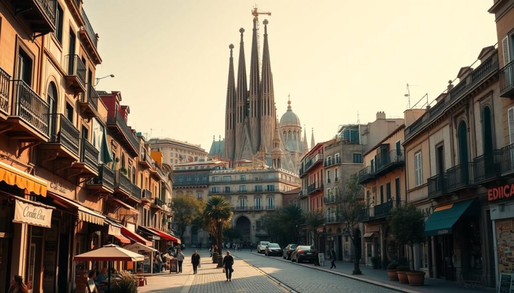 A bustling Barcelona neighborhood, captured in a sweeping panoramic view. The foreground showcases charming cobblestone streets lined with vibrant cafes, boutiques, and local markets, their colorful awnings and signage creating a lively atmosphere. In the middle ground, distinctive Catalan architecture with intricate balconies and ornate facades rises up, casting warm, golden-hued shadows across the scene. The background is dominated by the iconic silhouette of Sagrada Familia, its towering spires reaching towards a soft, hazy sky bathed in the gentle glow of afternoon sunlight. The overall composition conveys the rich cultural heritage, dynamic energy, and captivating essence of a quintessential Barcelona neighborhood. A bustling Barcelona neighborhood, captured in a sweeping panoramic view. The foreground showcases charming cobblestone streets lined with vibrant cafes, boutiques, and local markets, their colorful awnings and signage creating a lively atmosphere. In the middle ground, distinctive Catalan architecture with intricate balconies and ornate facades rises up, casting warm, golden-hued shadows across the scene. The background is dominated by the iconic silhouette of Sagrada Familia, its towering spires reaching towards a soft, hazy sky bathed in the gentle glow of afternoon sunlight. The overall composition conveys the rich cultural heritage, dynamic energy, and captivating essence of a quintessential Barcelona neighborhood.