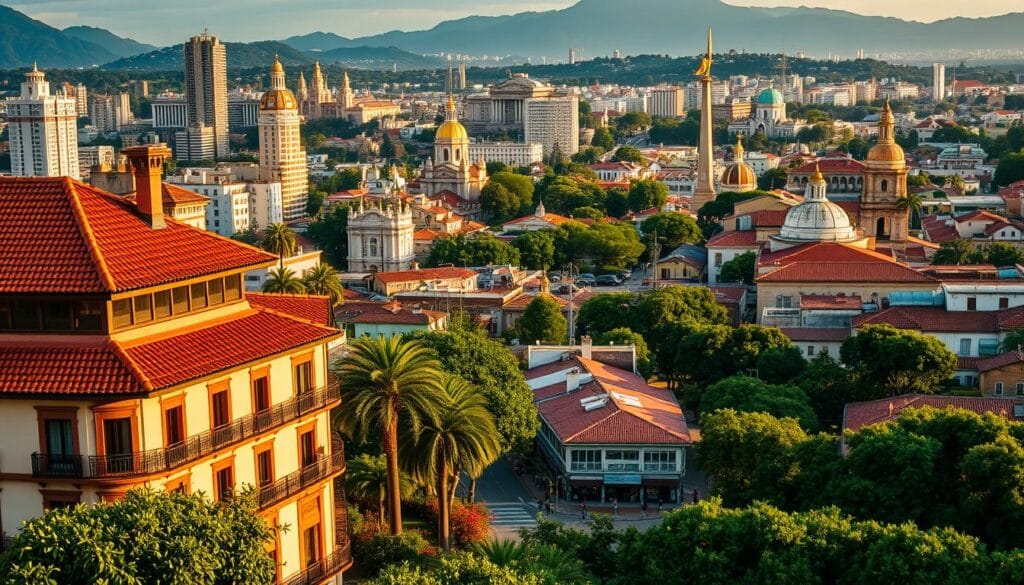 A bustling Brazilian city skyline, with a mix of modern high-rises and historic colonial architecture nestled among lush, verdant foliage. In the foreground, a picturesque hotel facade, its elegant balconies and terracotta roof tiles reflecting the warm, golden-hour sunlight. The middle ground features a network of winding streets, lined with vibrant local shops and cafes, while the background is dominated by a range of distinctive landmarks, such as iconic domes and bell towers. The scene is bathed in a soft, diffused lighting, creating a serene and inviting atmosphere, capturing the essence of Brazil's vibrant urban centers and their alluring hospitality. A bustling Brazilian city skyline, with a mix of modern high-rises and historic colonial architecture nestled among lush, verdant foliage. In the foreground, a picturesque hotel facade, its elegant balconies and terracotta roof tiles reflecting the warm, golden-hour sunlight. The middle ground features a network of winding streets, lined with vibrant local shops and cafes, while the background is dominated by a range of distinctive landmarks, such as iconic domes and bell towers. The scene is bathed in a soft, diffused lighting, creating a serene and inviting atmosphere, capturing the essence of Brazil's vibrant urban centers and their alluring hospitality.