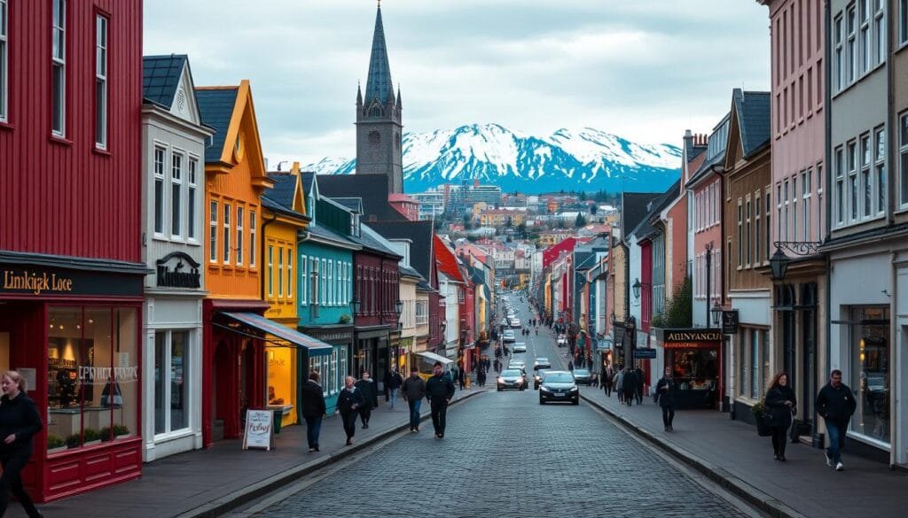 A bustling Reykjavik street scene along the iconic Laugavegur, Iceland's premier shopping and entertainment district. In the foreground, quaint boutiques and cafes line the cobblestone sidewalks, their colorful facades casting warm, inviting light onto the pedestrians below. Further down the street, the view opens up to reveal the towering, modern architecture that characterizes the city's skyline, juxtaposed against the rugged, snow-capped mountains in the distance. The scene is bathed in the soft, diffused light of an overcast Icelandic afternoon, creating a cozy, atmospheric ambiance that reflects the lively, yet charming character of this beloved Reykjavik locale. A bustling Reykjavik street scene along the iconic Laugavegur, Iceland's premier shopping and entertainment district. In the foreground, quaint boutiques and cafes line the cobblestone sidewalks, their colorful facades casting warm, inviting light onto the pedestrians below. Further down the street, the view opens up to reveal the towering, modern architecture that characterizes the city's skyline, juxtaposed against the rugged, snow-capped mountains in the distance. The scene is bathed in the soft, diffused light of an overcast Icelandic afternoon, creating a cozy, atmospheric ambiance that reflects the lively, yet charming character of this beloved Reykjavik locale.