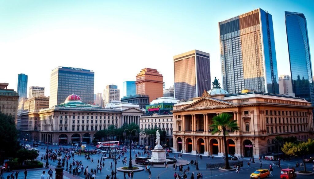 A bustling cityscape of Buenos Aires, Argentina, showcasing its iconic attractions. In the foreground, the grand, neo-baroque architecture of the Teatro Colón opera house stands tall, its intricate façade bathed in warm, golden light. In the middle ground, the vibrant Plaza de Mayo comes to life, with people strolling through the plaza and admiring the iconic Casa Rosada presidential palace. In the background, the sleek, modern skyscrapers of the Puerto Madero district rise up, creating a dynamic contrast with the historic buildings. The scene is infused with a lively, energetic atmosphere, capturing the essence of this vibrant, cosmopolitan city.