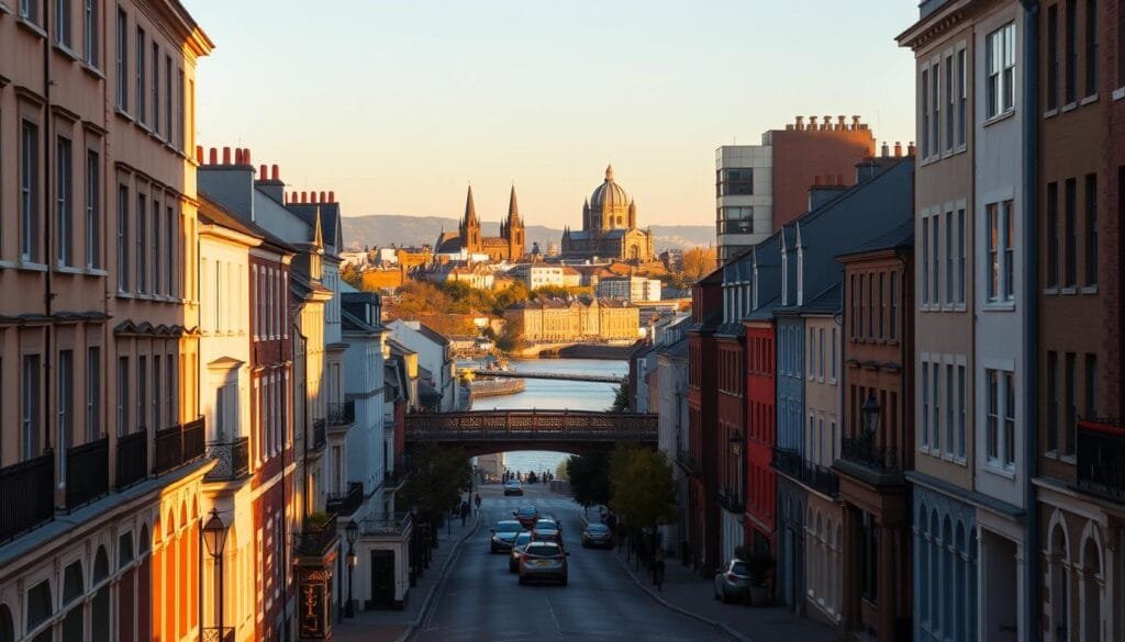 A bustling cityscape of Galway, Ireland, captured at golden hour. In the foreground, elegant Georgian townhouses line the quaint, cobblestone streets, their warm-hued facades bathed in soft, directional lighting. In the middle ground, the iconic Spanish Arch and the River Corrib come into view, reflecting the tranquil waters. Further back, the silhouettes of historic cathedrals and modern high-rises dot the skyline, creating a harmonious blend of old and new. The scene exudes a cozy, inviting atmosphere, showcasing the prime hotel locations that offer both convenience and charm, perfect for the discerning traveler. A bustling cityscape of Galway, Ireland, captured at golden hour. In the foreground, elegant Georgian townhouses line the quaint, cobblestone streets, their warm-hued facades bathed in soft, directional lighting. In the middle ground, the iconic Spanish Arch and the River Corrib come into view, reflecting the tranquil waters. Further back, the silhouettes of historic cathedrals and modern high-rises dot the skyline, creating a harmonious blend of old and new. The scene exudes a cozy, inviting atmosphere, showcasing the prime hotel locations that offer both convenience and charm, perfect for the discerning traveler.