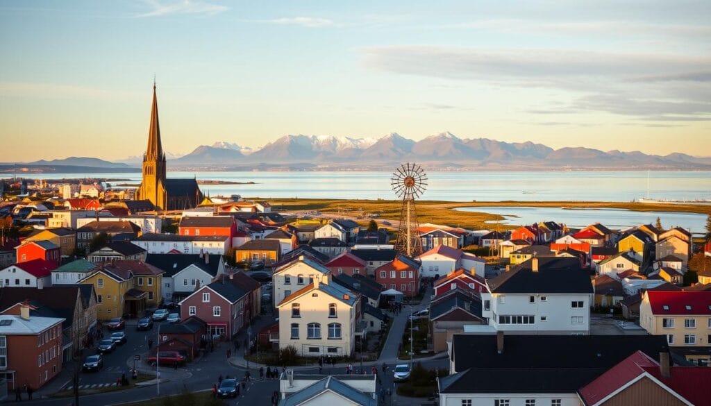 A bustling cityscape of Reykjavik, the vibrant capital of Iceland, bathed in the soft glow of the northern sun. In the foreground, iconic landmarks like the towering Hallgrímskirkja church and the tranquil Tjörnin lake take center stage, surrounded by charming colorful houses and bustling pedestrian streets. In the middle ground, the Sun Voyager sculpture stands as a testament to the city's Viking heritage, while the distant Esja mountain range provides a dramatic backdrop, its snow-capped peaks reflecting in the still waters. The scene exudes a sense of peaceful harmony, inviting visitors to explore the city's rich history, diverse cultural attractions, and breathtaking natural wonders.
