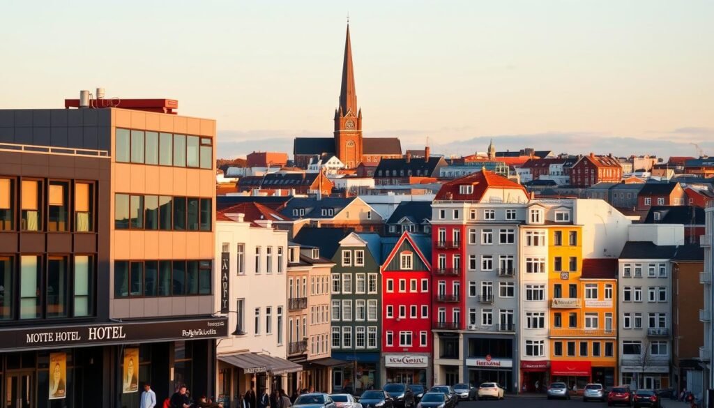 A bustling cityscape of Reykjavik, the vibrant capital of Iceland, showcasing a variety of hotel options. In the foreground, modern, sleek hotel facades stand tall, their architectural details and signage inviting travelers. The middle ground features a mix of traditional Icelandic buildings and stylish boutique hotels, their colorful facades and unique designs catching the eye. In the background, the iconic Hallgrímskirkja church towers over the city, its striking presence providing a recognizable landmark. The scene is bathed in a warm, golden-hour light, casting a cozy, welcoming atmosphere. The overall composition conveys the diverse array of accommodation choices available to visitors exploring the charming, Nordic-inspired streets of Reykjavik.