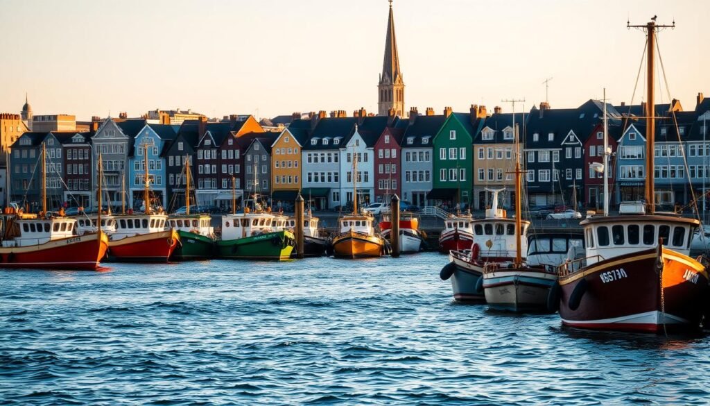 A bustling harbor scene in Reykjavik, Iceland, bathed in warm golden-hour light. In the foreground, colorful wooden fishing boats sway gently on the calm waters, their hulls reflecting the surrounding buildings. In the middle ground, a row of charming, historic harbor-side structures stand tall, their facades adorned with ornate details and cheerful paint colors. In the background, the iconic Hallgrímskirkja church spire rises majestically, overlooking the vibrant, lively district. The atmosphere is one of tranquility and timeless maritime character, inviting the viewer to explore the harbor's many attractions and soak in the unique Icelandic ambiance. A bustling harbor scene in Reykjavik, Iceland, bathed in warm golden-hour light. In the foreground, colorful wooden fishing boats sway gently on the calm waters, their hulls reflecting the surrounding buildings. In the middle ground, a row of charming, historic harbor-side structures stand tall, their facades adorned with ornate details and cheerful paint colors. In the background, the iconic Hallgrímskirkja church spire rises majestically, overlooking the vibrant, lively district. The atmosphere is one of tranquility and timeless maritime character, inviting the viewer to explore the harbor's many attractions and soak in the unique Icelandic ambiance.