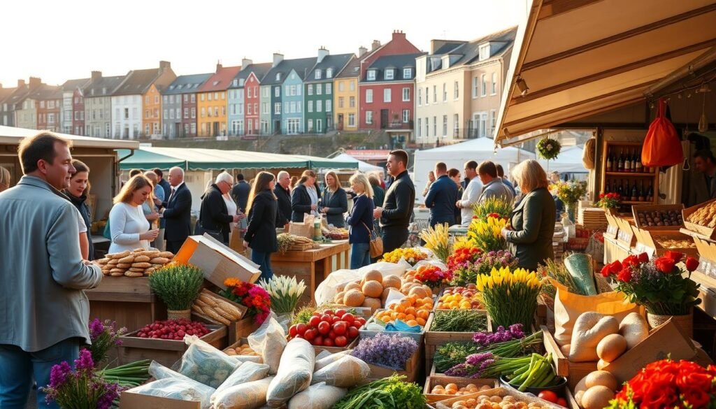 A bustling outdoor market in the charming town of Kinsale, Ireland. In the foreground, an assortment of locally sourced produce, artisanal breads, and vibrant flowers from nearby farms. In the middle ground, friendly vendors engage with eager customers, sharing the stories behind their culinary creations. In the background, the iconic colorful buildings of Kinsale's historic harbor backdrop this scene of culinary delight, bathed in warm, golden afternoon sunlight and a soft, inviting atmosphere. The air is filled with the tantalizing aromas of freshly brewed coffee, sizzling seafood, and the lively chatter of a community celebrating its gastronomic heritage. A bustling outdoor market in the charming town of Kinsale, Ireland. In the foreground, an assortment of locally sourced produce, artisanal breads, and vibrant flowers from nearby farms. In the middle ground, friendly vendors engage with eager customers, sharing the stories behind their culinary creations. In the background, the iconic colorful buildings of Kinsale's historic harbor backdrop this scene of culinary delight, bathed in warm, golden afternoon sunlight and a soft, inviting atmosphere. The air is filled with the tantalizing aromas of freshly brewed coffee, sizzling seafood, and the lively chatter of a community celebrating its gastronomic heritage.
