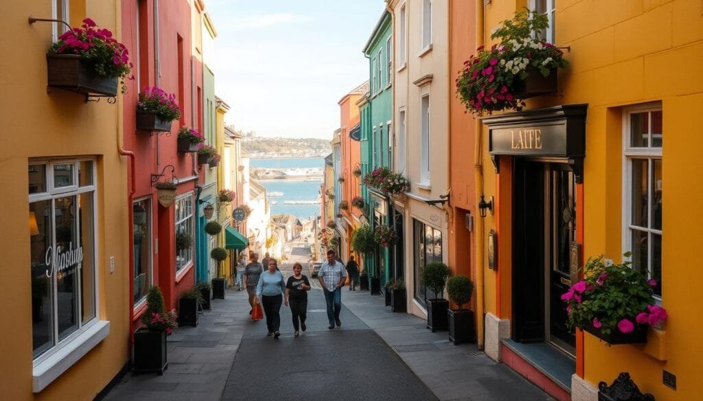A charming alleyway in Kinsale, Ireland, with a vibrant display of colorful houses, quaint shops, and lush flower boxes lining the narrow streets. The warm, golden sunlight bathes the scene, casting soft shadows and highlighting the unique architectural details. Pedestrians stroll leisurely, adding to the picturesque, relaxed atmosphere. In the distance, a glimpse of the harbor can be seen, completing the quintessential Kinsale experience. Captured with a wide-angle lens to showcase the depth and scale of this delightful, historic town. A charming alleyway in Kinsale, Ireland, with a vibrant display of colorful houses, quaint shops, and lush flower boxes lining the narrow streets. The warm, golden sunlight bathes the scene, casting soft shadows and highlighting the unique architectural details. Pedestrians stroll leisurely, adding to the picturesque, relaxed atmosphere. In the distance, a glimpse of the harbor can be seen, completing the quintessential Kinsale experience. Captured with a wide-angle lens to showcase the depth and scale of this delightful, historic town.