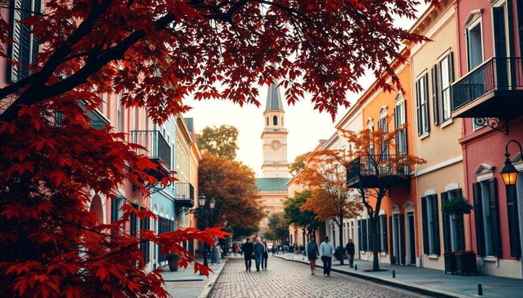 A charming autumn scene in historic Charleston, South Carolina. In the foreground, vibrant orange and red foliage frames a cobblestone street lined with pastel-hued historic buildings. Wrought-iron balconies and decorative window trims add to the city's distinctive Southern charm. In the middle ground, people stroll along the sidewalks, enjoying the crisp fall air. The background features the iconic steeple of a historic church, silhouetted against a warm, golden-hued sky. Warm, diffused lighting casts a cozy, inviting glow over the entire scene. The overall atmosphere evokes the cultural richness and timeless allure of this beloved fall travel destination.