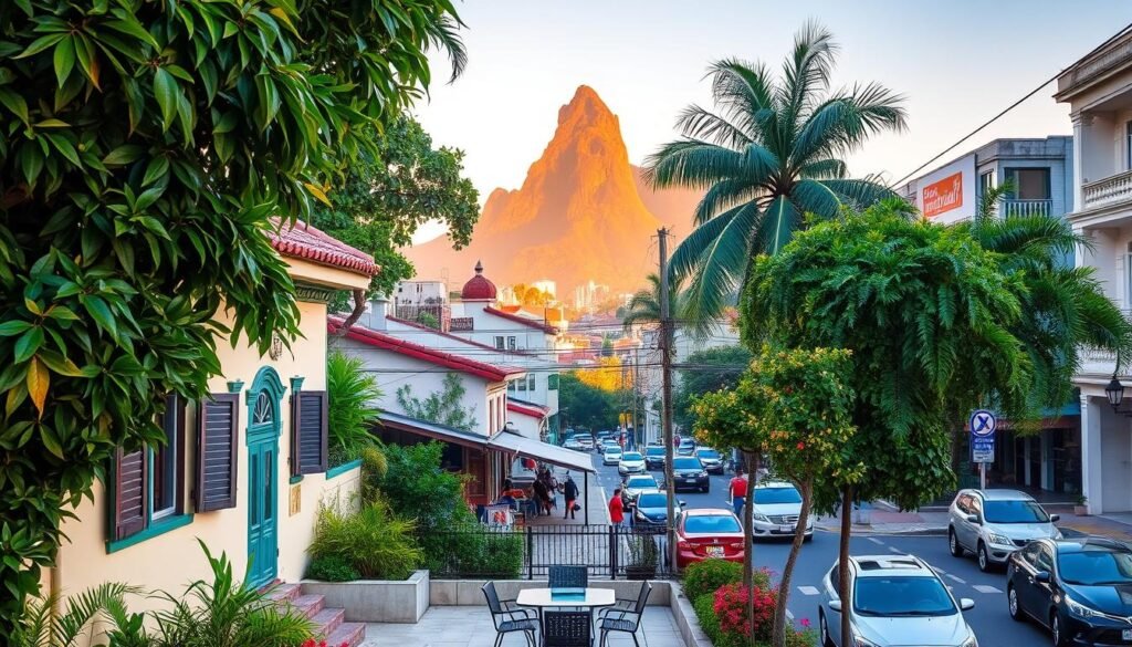A charming hotel facade nestled among lush tropical foliage, with a vibrant tiled roof and colorful window shutters. The foreground showcases a quaint, well-maintained courtyard with neatly arranged patio furniture, inviting guests to relax. In the middle ground, a bustling street scene with local residents and a few passing cars, conveying the lively atmosphere of a Brazilian neighborhood. The background features the iconic silhouette of Sugarloaf Mountain, bathed in warm, golden hour lighting, creating a serene and picturesque setting. The overall mood is one of affordable, authentic, and inviting Brazilian hospitality. A charming hotel facade nestled among lush tropical foliage, with a vibrant tiled roof and colorful window shutters. The foreground showcases a quaint, well-maintained courtyard with neatly arranged patio furniture, inviting guests to relax. In the middle ground, a bustling street scene with local residents and a few passing cars, conveying the lively atmosphere of a Brazilian neighborhood. The background features the iconic silhouette of Sugarloaf Mountain, bathed in warm, golden hour lighting, creating a serene and picturesque setting. The overall mood is one of affordable, authentic, and inviting Brazilian hospitality.