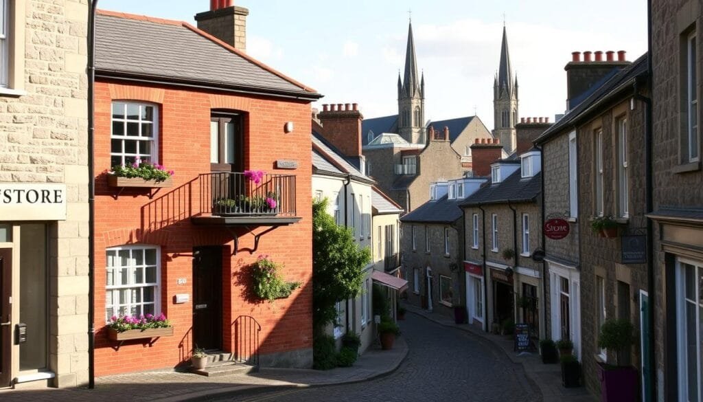 A cozy Kinsale townhouse nestled among charming stone buildings, its warm brick facade bathed in soft afternoon light. Geranium-filled window boxes and a wrought-iron balcony hint at the inviting accommodations within. In the foreground, a cobblestone street winds past quaint shops and cafes, while in the distance, the iconic spires of St. Multose Church rise above the rooftops. A serene, quintessentially Irish scene, capturing the tranquil ambiance of Kinsale's picturesque town center. A cozy Kinsale townhouse nestled among charming stone buildings, its warm brick facade bathed in soft afternoon light. Geranium-filled window boxes and a wrought-iron balcony hint at the inviting accommodations within. In the foreground, a cobblestone street winds past quaint shops and cafes, while in the distance, the iconic spires of St. Multose Church rise above the rooftops. A serene, quintessentially Irish scene, capturing the tranquil ambiance of Kinsale's picturesque town center.