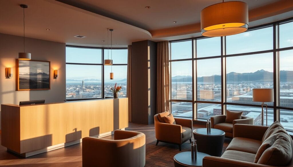 A cozy Reykjavik hotel lobby with large windows overlooking the city. Warm, diffused lighting from pendant lamps and sconces creates a tranquil, inviting ambiance. The reception desk is made of sleek, light-colored wood, with a minimalist Scandinavian design. On the walls, abstract landscape paintings in muted tones complement the hotel's modern, Nordic aesthetic. Plush armchairs and sofas in earthy hues beckon guests to relax and plan their Icelandic adventures. The overall scene conveys a sense of sophisticated yet comfortable hospitality, reflecting the charm and elegance of Reykjavik.
