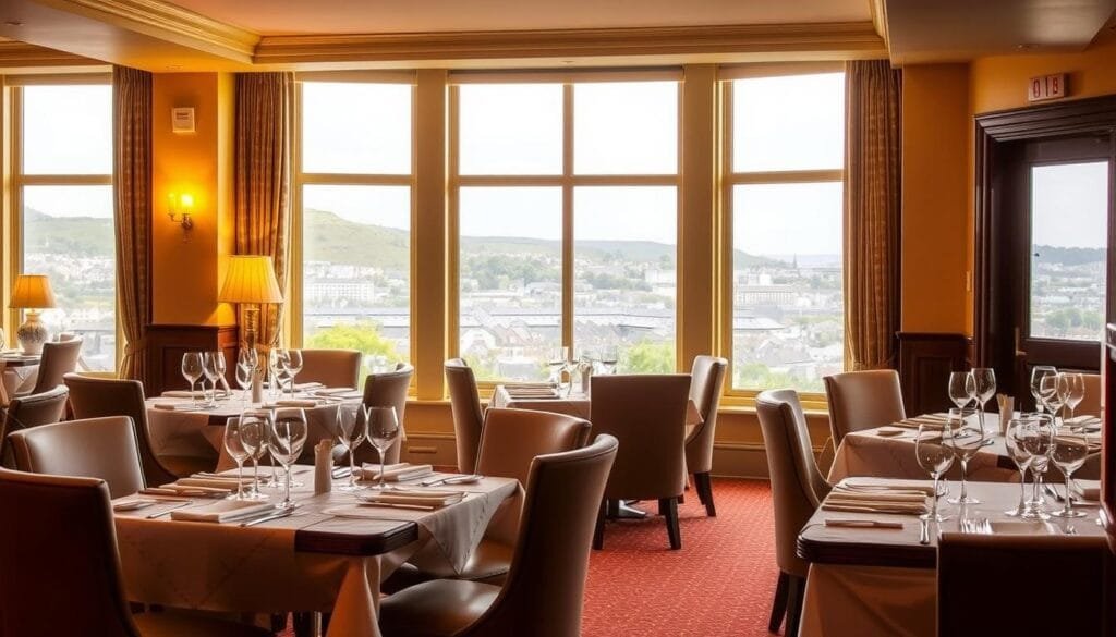 A cozy and inviting dining room in a charming Galway hotel. Warm, golden lighting illuminates the space, casting a soft glow over the traditional Irish decor. Linen-covered tables are set with elegant place settings, complemented by intricate glassware and polished silverware. In the background, large windows offer picturesque views of the Galway cityscape, while plush armchairs and rich wooden furnishings create an atmosphere of refined comfort. The scene exudes a sense of sophistication and hospitality, reflecting the high-quality dining experience guests can expect at this Galway hotel. A cozy and inviting dining room in a charming Galway hotel. Warm, golden lighting illuminates the space, casting a soft glow over the traditional Irish decor. Linen-covered tables are set with elegant place settings, complemented by intricate glassware and polished silverware. In the background, large windows offer picturesque views of the Galway cityscape, while plush armchairs and rich wooden furnishings create an atmosphere of refined comfort. The scene exudes a sense of sophistication and hospitality, reflecting the high-quality dining experience guests can expect at this Galway hotel.