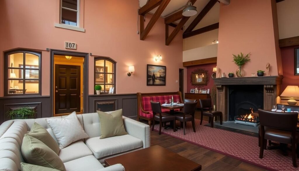 A cozy, budget-friendly hotel nestled in the heart of Galway's charming city center. The exterior features a traditional Irish facade with warm, earthy tones and inviting arched windows. A quaint entrance leads to a well-appointed lobby with plush, minimalist furnishings and soft, ambient lighting. The hotel's dining area showcases a rustic, local-inspired design, complete with wooden beams and a fireplace, creating a welcoming, homely atmosphere. Guests can enjoy a hearty, Irish-inspired breakfast in this intimate setting before venturing out to explore Galway's vibrant streets and cultural attractions. The hotel's rooms exude a sense of understated elegance, with clean lines, natural materials, and thoughtful, practical amenities, providing a comfortable and affordable haven for travelers. A cozy, budget-friendly hotel nestled in the heart of Galway's charming city center. The exterior features a traditional Irish facade with warm, earthy tones and inviting arched windows. A quaint entrance leads to a well-appointed lobby with plush, minimalist furnishings and soft, ambient lighting. The hotel's dining area showcases a rustic, local-inspired design, complete with wooden beams and a fireplace, creating a welcoming, homely atmosphere. Guests can enjoy a hearty, Irish-inspired breakfast in this intimate setting before venturing out to explore Galway's vibrant streets and cultural attractions. The hotel's rooms exude a sense of understated elegance, with clean lines, natural materials, and thoughtful, practical amenities, providing a comfortable and affordable haven for travelers.