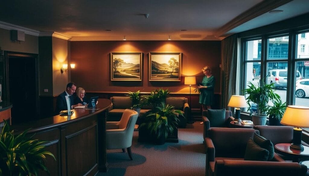 A cozy, dimly lit hotel lobby in Galway, Ireland, with warm lighting and a welcoming atmosphere. In the foreground, a wooden reception desk with a friendly-looking staff member assisting a couple. Behind them, plush armchairs and sofas invite guests to relax. The middle ground features landscape paintings and lush potted plants, creating a sense of tranquility. In the background, a large bay window offers a glimpse of the lively streets outside, hinting at the vibrant city beyond the hotel's walls. The overall scene conveys a sense of comfort, local charm, and the expert guidance available to guests when booking their Galway hotel stay. A cozy, dimly lit hotel lobby in Galway, Ireland, with warm lighting and a welcoming atmosphere. In the foreground, a wooden reception desk with a friendly-looking staff member assisting a couple. Behind them, plush armchairs and sofas invite guests to relax. The middle ground features landscape paintings and lush potted plants, creating a sense of tranquility. In the background, a large bay window offers a glimpse of the lively streets outside, hinting at the vibrant city beyond the hotel's walls. The overall scene conveys a sense of comfort, local charm, and the expert guidance available to guests when booking their Galway hotel stay.