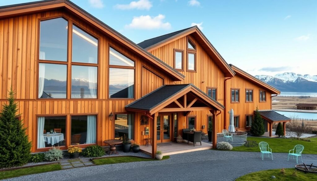 A cozy, family-friendly hotel nestled in the breathtaking Icelandic landscape. The building features a warm, wooden exterior with large windows that offer panoramic views of rolling hills, snow-capped mountains, and a serene, azure lake in the distance. The front entrance is adorned with a welcoming porch, inviting visitors to step inside and experience the charm of Icelandic hospitality. The interior is bright and airy, with a rustic-chic decor that blends seamlessly with the natural surroundings. Families can relax in the spacious common areas, enjoy a hearty meal in the on-site restaurant, or venture out to explore the nearby hiking trails and geothermal hot springs. A cozy, family-friendly hotel nestled in the breathtaking Icelandic landscape. The building features a warm, wooden exterior with large windows that offer panoramic views of rolling hills, snow-capped mountains, and a serene, azure lake in the distance. The front entrance is adorned with a welcoming porch, inviting visitors to step inside and experience the charm of Icelandic hospitality. The interior is bright and airy, with a rustic-chic decor that blends seamlessly with the natural surroundings. Families can relax in the spacious common areas, enjoy a hearty meal in the on-site restaurant, or venture out to explore the nearby hiking trails and geothermal hot springs.