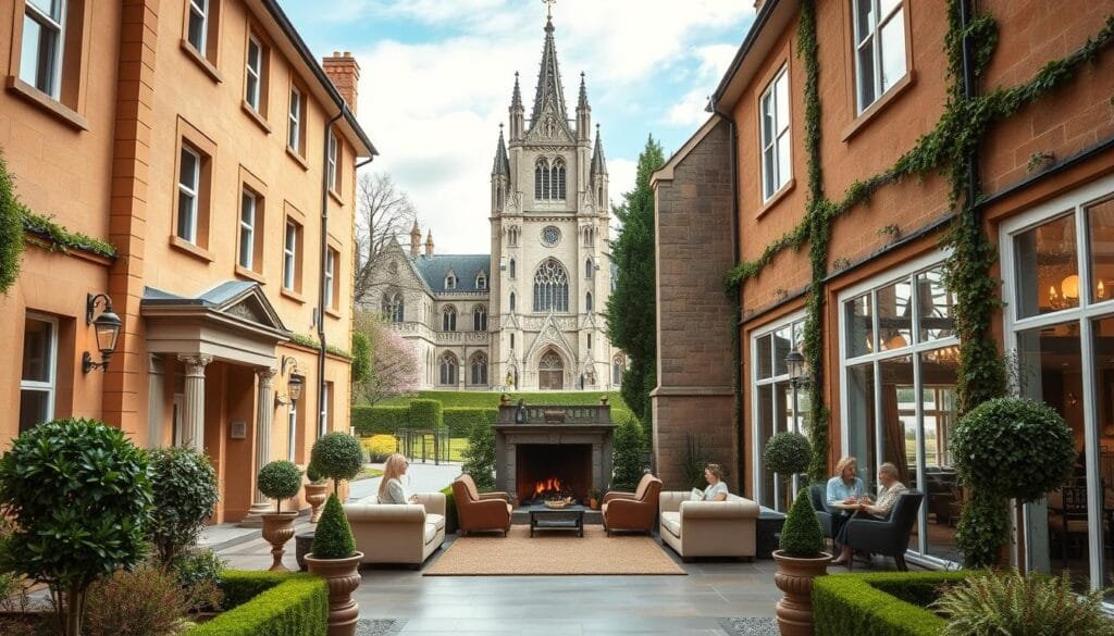 A cozy, family-friendly hotel nestled in the heart of Galway, Ireland. The front façade features warm, earth-toned stonework and lush, well-manicured gardens. Through the grand entryway, a bright and airy lobby with plush seating and a welcoming fireplace. In the background, the iconic Galway Cathedral stands tall, its spires reaching towards the sky. Soft, natural lighting filters in through large windows, creating a tranquil, inviting atmosphere. Families gather in the spacious, kid-friendly common areas, while parents unwind in the luxurious spa. An idyllic setting that captures the charm and hospitality of Galway. A cozy, family-friendly hotel nestled in the heart of Galway, Ireland. The front façade features warm, earth-toned stonework and lush, well-manicured gardens. Through the grand entryway, a bright and airy lobby with plush seating and a welcoming fireplace. In the background, the iconic Galway Cathedral stands tall, its spires reaching towards the sky. Soft, natural lighting filters in through large windows, creating a tranquil, inviting atmosphere. Families gather in the spacious, kid-friendly common areas, while parents unwind in the luxurious spa. An idyllic setting that captures the charm and hospitality of Galway.