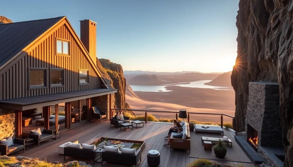 A cozy, intimate boutique hotel nestled between rugged Icelandic cliffs, its charming timber facade bathed in warm, golden afternoon light. Guests lounge on the hotel's scenic terrace, admiring the dramatic volcanic landscape and distant fjords. Inside, the lobby features plush, Scandinavian-inspired furnishings, a roaring fireplace, and locally-sourced design elements that evoke the country's natural beauty. Upstairs, each guest room offers breathtaking views through large windows, complemented by minimalist, hygge-inspired decor and amenities. This boutique retreat provides a uniquely Icelandic experience, blending modern comforts with the region's captivating, unspoiled wilderness.