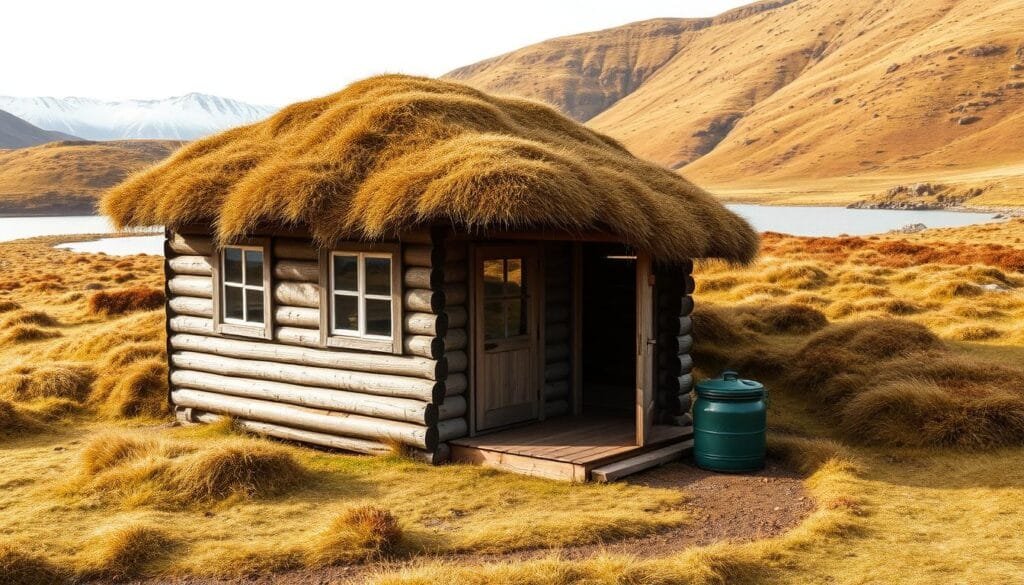 A cozy, weathered wooden cabin nestled in the rugged Icelandic landscape, its turf roof blending seamlessly with the rolling hills. Soft, diffused natural light filters through the windows, casting a warm glow on the simple, functional interior. A small porch overlooks a serene lake, with snow-capped mountains in the distance. The cabin's modest scale and rustic charm evoke a sense of humble, authentic Icelandic living, perfect for the budget-conscious traveler seeking an immersive and peaceful retreat. A cozy, weathered wooden cabin nestled in the rugged Icelandic landscape, its turf roof blending seamlessly with the rolling hills. Soft, diffused natural light filters through the windows, casting a warm glow on the simple, functional interior. A small porch overlooks a serene lake, with snow-capped mountains in the distance. The cabin's modest scale and rustic charm evoke a sense of humble, authentic Icelandic living, perfect for the budget-conscious traveler seeking an immersive and peaceful retreat.