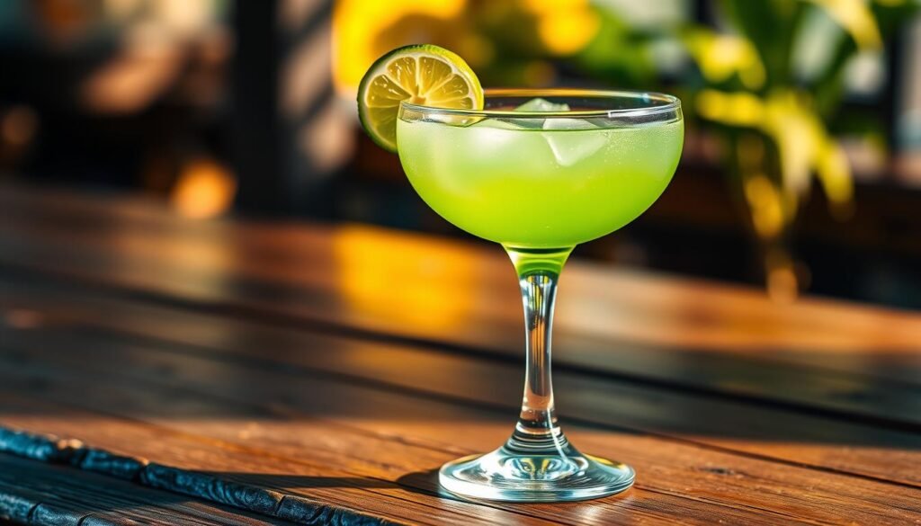 A crystalline glass filled with a vibrant, jade-green liquid, garnished with a slice of fresh lime. The Caipirinha, Brazil's national cocktail, rests upon a rustic wooden surface, illuminated by soft, natural lighting that casts warm, golden hues. The glass' elegant stem and rounded bowl create a visually captivating focal point, inviting the viewer to imagine the refreshing, zesty flavors of the lime, sugar, and cachaça - the distinctive Brazilian spirit distilled from sugarcane. The overall scene evokes the laidback, tropical ambiance of a Brazilian beach bar, hinting at the cultural significance and enjoyment of this iconic libation. A crystalline glass filled with a vibrant, jade-green liquid, garnished with a slice of fresh lime. The Caipirinha, Brazil's national cocktail, rests upon a rustic wooden surface, illuminated by soft, natural lighting that casts warm, golden hues. The glass' elegant stem and rounded bowl create a visually captivating focal point, inviting the viewer to imagine the refreshing, zesty flavors of the lime, sugar, and cachaça - the distinctive Brazilian spirit distilled from sugarcane. The overall scene evokes the laidback, tropical ambiance of a Brazilian beach bar, hinting at the cultural significance and enjoyment of this iconic libation.