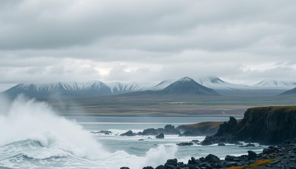 A dramatic landscape of Iceland's diverse weather patterns and seasonal climate. In the foreground, a rugged coastline with crashing waves and misty spray, under a moody, gray sky. In the middle ground, rolling hills and valleys blanketed in a patchwork of snow, ice, and verdant vegetation. In the background, towering mountains pierce the horizon, their peaks shrouded in swirling clouds. The lighting is soft and diffuse, casting a serene, contemplative atmosphere. Captured with a wide-angle lens to convey the vastness of the Icelandic terrain. Subtle textures and details evoke the unpredictable, ever-changing nature of the island's weather. nextstopin A dramatic landscape of Iceland's diverse weather patterns and seasonal climate. In the foreground, a rugged coastline with crashing waves and misty spray, under a moody, gray sky. In the middle ground, rolling hills and valleys blanketed in a patchwork of snow, ice, and verdant vegetation. In the background, towering mountains pierce the horizon, their peaks shrouded in swirling clouds. The lighting is soft and diffuse, casting a serene, contemplative atmosphere. Captured with a wide-angle lens to convey the vastness of the Icelandic terrain. Subtle textures and details evoke the unpredictable, ever-changing nature of the island's weather. nextstopin