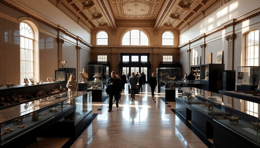 A grand, airy interior of the National Museum of Iceland, showcasing its rich cultural exhibits. The foreground features intricately crafted Viking artifacts, jewelry, and textiles, arranged in glass display cases that catch the soft, natural light filtering in through large windows. In the middle ground, visitors peruse the exhibits, their silhouettes casting shadows on the polished marble floors. The background reveals high ceilings with ornate architectural details, creating a sense of timeless elegance. The overall atmosphere evokes a reverent, contemplative mood, inviting the viewer to immerse themselves in the museum's captivating historical narrative. A grand, airy interior of the National Museum of Iceland, showcasing its rich cultural exhibits. The foreground features intricately crafted Viking artifacts, jewelry, and textiles, arranged in glass display cases that catch the soft, natural light filtering in through large windows. In the middle ground, visitors peruse the exhibits, their silhouettes casting shadows on the polished marble floors. The background reveals high ceilings with ornate architectural details, creating a sense of timeless elegance. The overall atmosphere evokes a reverent, contemplative mood, inviting the viewer to immerse themselves in the museum's captivating historical narrative.