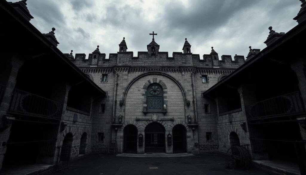 A grand and foreboding stone fortress, Kilmainham Gaol in Dublin stands as a somber testament to Ireland's tumultuous history. Capture its imposing facade, with pointed turrets and weathered walls casting long shadows under a moody, overcast sky. Delve into the gaol's interior, showcasing the austere, dimly lit cells where Irish revolutionaries were once imprisoned. Evoke a sense of eerie tranquility and reverence, as if time has stood still within these hallowed halls. Angle the camera to highlight the building's striking architectural details, from the ornate ironwork to the vaulted ceilings, conveying the weight of this historic site. Immerse the viewer in the palpable atmosphere of Ireland's troubled past, preserved within the stoic walls of Kilmainham Gaol. Prompt