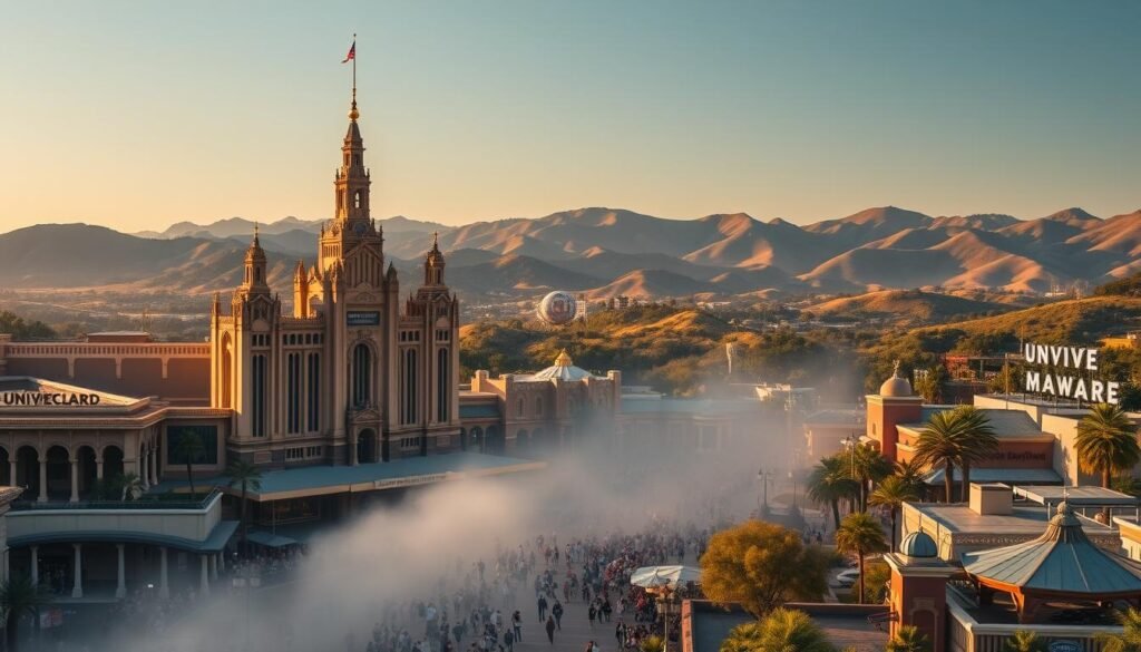 A grand, expansive view of the iconic Universal Studios Hollywood, showcasing its cinematic grandeur. In the foreground, the towering facade of the legendary movie studio, bathed in warm, golden light, with intricate architectural details and signage that evoke the magic of Hollywood. The middle ground features bustling crowds of visitors, their excitement palpable as they explore the park's movie-themed attractions and exhibits. In the background, the rolling hills and lush greenery of the California landscape create a breathtaking natural backdrop, complementing the man-made wonders of the studio. Cinematic lighting and a wide-angle lens capture the scale and immersive atmosphere of this renowned entertainment destination. A grand, expansive view of the iconic Universal Studios Hollywood, showcasing its cinematic grandeur. In the foreground, the towering facade of the legendary movie studio, bathed in warm, golden light, with intricate architectural details and signage that evoke the magic of Hollywood. The middle ground features bustling crowds of visitors, their excitement palpable as they explore the park's movie-themed attractions and exhibits. In the background, the rolling hills and lush greenery of the California landscape create a breathtaking natural backdrop, complementing the man-made wonders of the studio. Cinematic lighting and a wide-angle lens capture the scale and immersive atmosphere of this renowned entertainment destination.