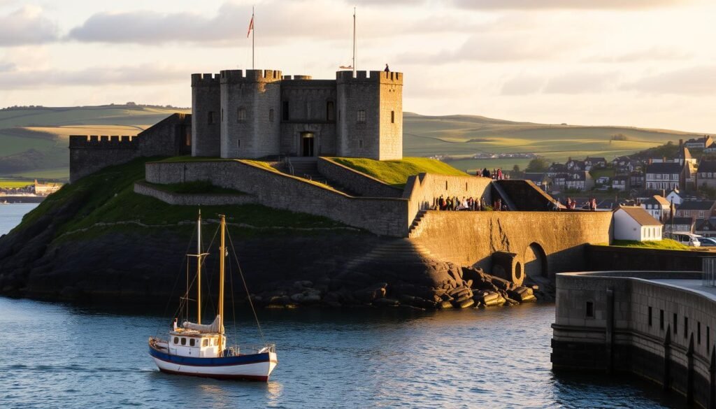 A grand, historic fortification perched atop a rocky promontory overlooking the picturesque harbor of Kinsale, Ireland. Charles Fort, a 17th-century star-shaped stronghold, stands tall and majestic, its thick stone walls and turrets bathed in the warm, golden light of the setting sun. In the foreground, a quaint fishing boat bobs gently in the calm waters, while in the middle ground, visitors explore the fort's weathered ramparts, gazing out towards the tranquil Atlantic Ocean. The background features the rolling green hills and charming houses of the charming coastal town, creating a harmonious blend of natural and man-made elements. This captivating scene exudes a sense of timeless elegance and historical significance, perfectly encapsulating the essence of Kinsale's enduring cultural heritage. A grand, historic fortification perched atop a rocky promontory overlooking the picturesque harbor of Kinsale, Ireland. Charles Fort, a 17th-century star-shaped stronghold, stands tall and majestic, its thick stone walls and turrets bathed in the warm, golden light of the setting sun. In the foreground, a quaint fishing boat bobs gently in the calm waters, while in the middle ground, visitors explore the fort's weathered ramparts, gazing out towards the tranquil Atlantic Ocean. The background features the rolling green hills and charming houses of the charming coastal town, creating a harmonious blend of natural and man-made elements. This captivating scene exudes a sense of timeless elegance and historical significance, perfectly encapsulating the essence of Kinsale's enduring cultural heritage.