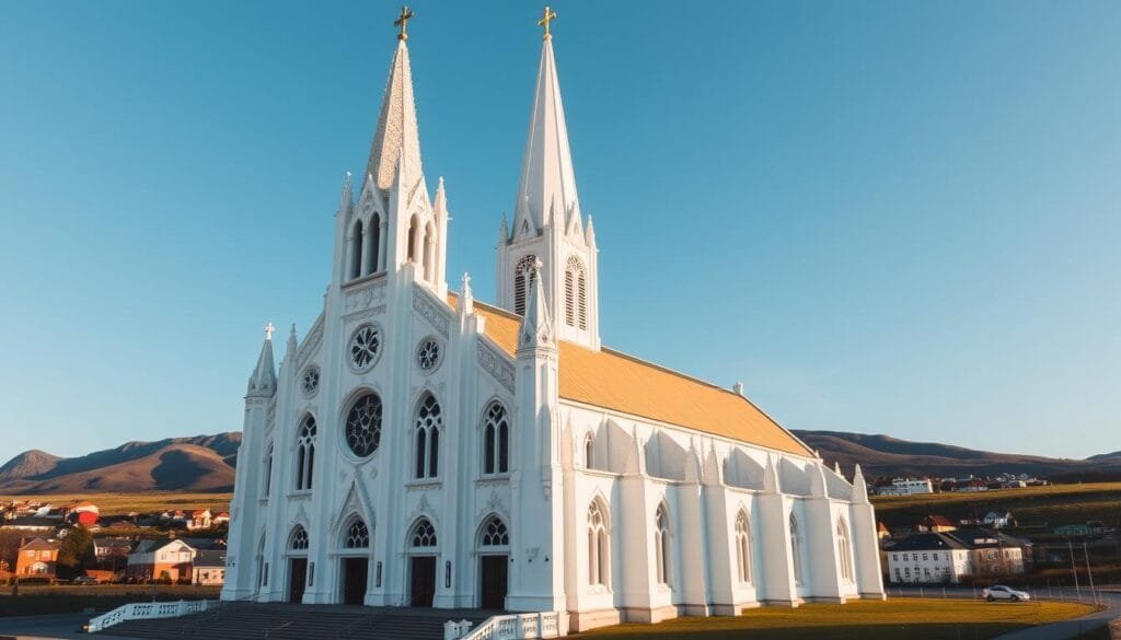 A grand, neo-Gothic cathedral standing tall against the Reykjavik skyline, its striking white facade and soaring steeple dominating the scene. Intricate patterns and ornate details adorn the exterior, casting dramatic shadows in the soft, natural light. The church's bold, angular architecture is complemented by the rolling hills and vibrant houses in the background, creating a picturesque, quintessentially Icelandic landscape. The atmosphere is one of reverence and awe, with the church's imposing presence commanding attention and evoking a sense of wonder in all who behold it. A grand, neo-Gothic cathedral standing tall against the Reykjavik skyline, its striking white facade and soaring steeple dominating the scene. Intricate patterns and ornate details adorn the exterior, casting dramatic shadows in the soft, natural light. The church's bold, angular architecture is complemented by the rolling hills and vibrant houses in the background, creating a picturesque, quintessentially Icelandic landscape. The atmosphere is one of reverence and awe, with the church's imposing presence commanding attention and evoking a sense of wonder in all who behold it.
