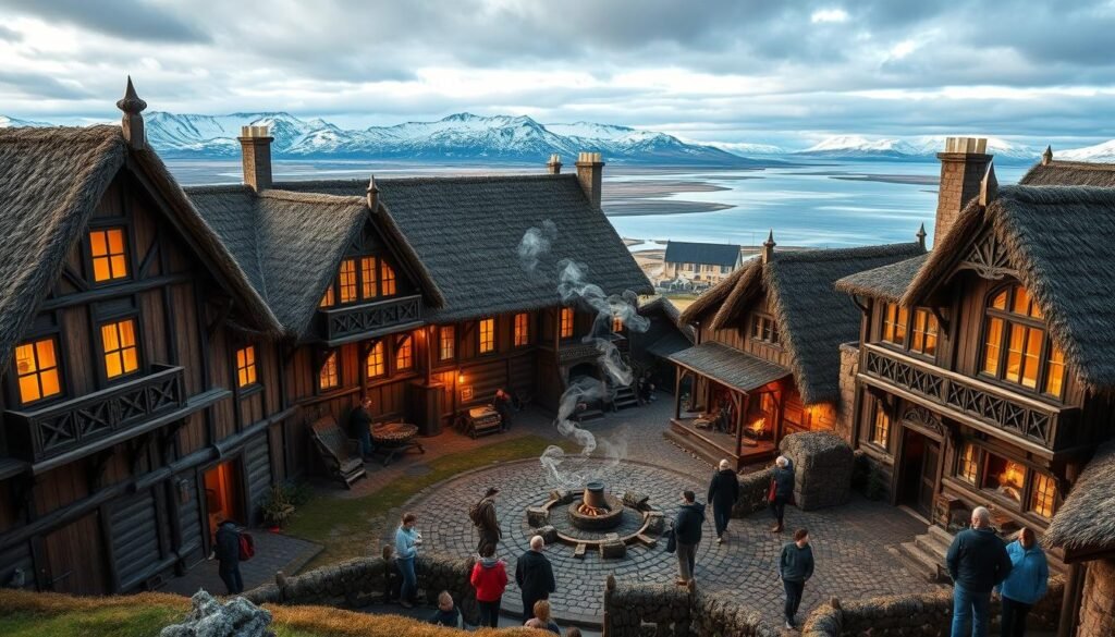 A grand, ornate Viking-era settlement nestled in the heart of Reykjavik, Iceland. The Settlement Exhibition stands as a time-honored monument, its thatched-roof longhouses and sod-covered walls bathed in warm, golden light filtering through the windows. Intricate carvings and ironwork adorn the structures, while smoke curls lazily from the central hearths. In the foreground, visitors explore the exhibition, marveling at the authentic artifacts and reconstructed living spaces that transport them to the Norse era. The background frames the scene with a panoramic view of the Icelandic countryside, snow-capped mountains and a fjord shimmering in the distance, conveying a sense of timeless wonder and historical immersion. A grand, ornate Viking-era settlement nestled in the heart of Reykjavik, Iceland. The Settlement Exhibition stands as a time-honored monument, its thatched-roof longhouses and sod-covered walls bathed in warm, golden light filtering through the windows. Intricate carvings and ironwork adorn the structures, while smoke curls lazily from the central hearths. In the foreground, visitors explore the exhibition, marveling at the authentic artifacts and reconstructed living spaces that transport them to the Norse era. The background frames the scene with a panoramic view of the Icelandic countryside, snow-capped mountains and a fjord shimmering in the distance, conveying a sense of timeless wonder and historical immersion.