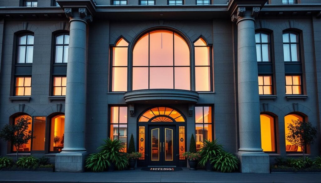 A grand, stately hotel façade, the Hotel Borg stands tall in the heart of Reykjavik, its art deco architecture a stunning blend of classical elegance and modern flair. Majestic columns frame large, arched windows that glimmer in the soft, golden light of a setting Icelandic sun. Lush, verdant plants line the entrance, lending a touch of warmth and vitality to the regal, imposing structure. The hotel's sleek, streamlined design evokes a sense of timeless sophistication, inviting guests to step into a world of luxury and refined hospitality. A wide, ornate doorway beckons, promising an experience that seamlessly melds the opulence of the past with the comforts of the present.