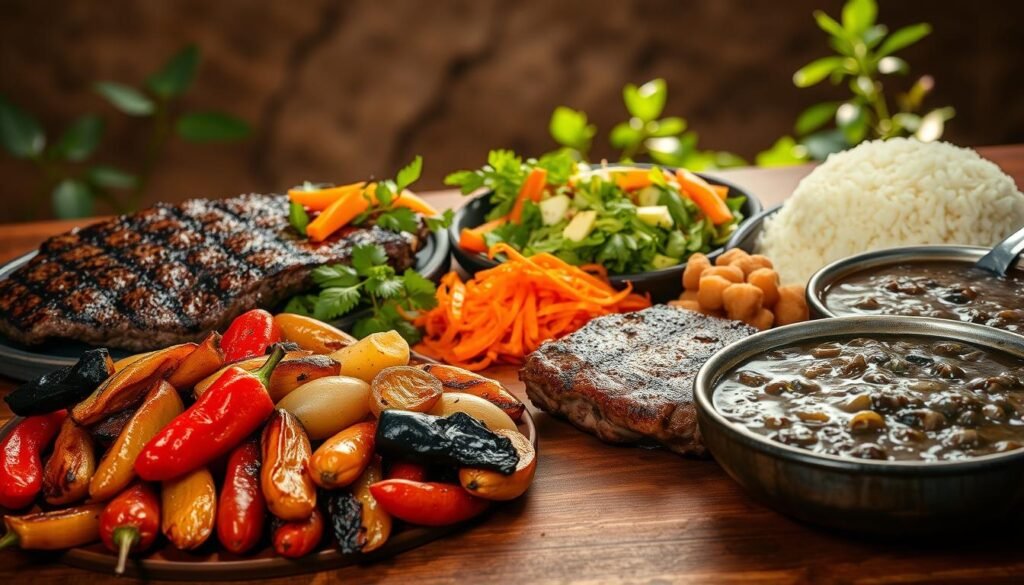 A lavish spread of traditional Brazilian side dishes accompanies a sizzling grilled steak, set against a rustic, earthy backdrop. In the foreground, vibrant roasted vegetables such as peppers, onions, and tomatoes splay out on a wooden table, their charred edges adding depth and texture. Alongside, a mound of fragrant, fluffy white rice and a rich, creamy black bean stew take center stage, complementing the juicy, char-kissed beef. The middle ground features a crisp, fresh salad of leafy greens, shredded carrots, and a zesty vinaigrette, while the background evokes the lush, verdant landscapes of Brazil with lush foliage and natural light filtering through. The overall scene radiates the warmth, heartiness, and vibrant flavors that define classic Brazilian steakhouse fare. A lavish spread of traditional Brazilian side dishes accompanies a sizzling grilled steak, set against a rustic, earthy backdrop. In the foreground, vibrant roasted vegetables such as peppers, onions, and tomatoes splay out on a wooden table, their charred edges adding depth and texture. Alongside, a mound of fragrant, fluffy white rice and a rich, creamy black bean stew take center stage, complementing the juicy, char-kissed beef. The middle ground features a crisp, fresh salad of leafy greens, shredded carrots, and a zesty vinaigrette, while the background evokes the lush, verdant landscapes of Brazil with lush foliage and natural light filtering through. The overall scene radiates the warmth, heartiness, and vibrant flavors that define classic Brazilian steakhouse fare.