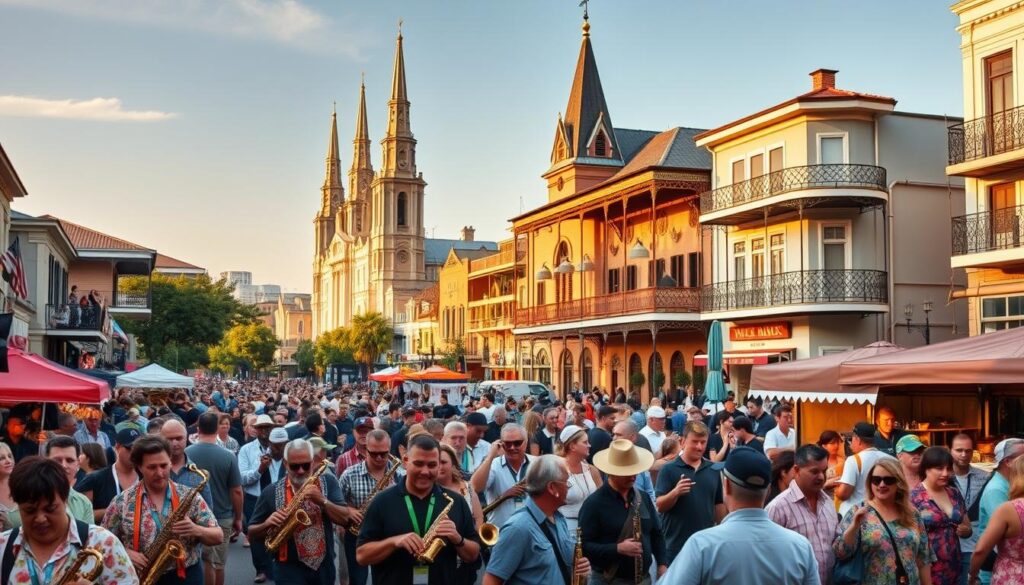A lively scene at the New Orleans Jazz Festival, set against the backdrop of the city's iconic architecture. In the foreground, a vibrant parade of musicians marching through the streets, their instruments blaring with soulful jazz melodies. Crowds of revelers, dressed in colorful, festive attire, sway and dance to the infectious rhythm. The middle ground features bustling food and craft vendors, their stalls adorned with local artwork and delicacies. In the distance, the towering spires of historic cathedrals and ornate, wrought-iron balconies create a picturesque, distinctly New Orleans ambiance, bathed in warm, golden light. The atmosphere is electric, capturing the infectious spirit and cultural richness that defines this legendary city. A lively scene at the New Orleans Jazz Festival, set against the backdrop of the city's iconic architecture. In the foreground, a vibrant parade of musicians marching through the streets, their instruments blaring with soulful jazz melodies. Crowds of revelers, dressed in colorful, festive attire, sway and dance to the infectious rhythm. The middle ground features bustling food and craft vendors, their stalls adorned with local artwork and delicacies. In the distance, the towering spires of historic cathedrals and ornate, wrought-iron balconies create a picturesque, distinctly New Orleans ambiance, bathed in warm, golden light. The atmosphere is electric, capturing the infectious spirit and cultural richness that defines this legendary city.