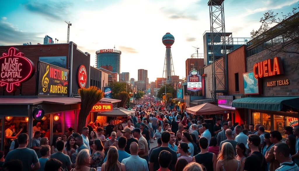 A lively scene in the heart of Austin, Texas, the "Live Music Capital of the World." In the foreground, a bustling crowd gathers around an outdoor stage, where musicians perform with energy and passion. The middle ground features vibrant neon signs, lively bars, and iconic Austin landmarks like the Moontower. In the background, a warm, golden-hour glow bathes the scene, creating a nostalgic, cinematic atmosphere. The image is shot with a wide-angle lens, capturing the dynamic energy and diversity of Austin's renowned live music culture. A lively scene in the heart of Austin, Texas, the "Live Music Capital of the World." In the foreground, a bustling crowd gathers around an outdoor stage, where musicians perform with energy and passion. The middle ground features vibrant neon signs, lively bars, and iconic Austin landmarks like the Moontower. In the background, a warm, golden-hour glow bathes the scene, creating a nostalgic, cinematic atmosphere. The image is shot with a wide-angle lens, capturing the dynamic energy and diversity of Austin's renowned live music culture.