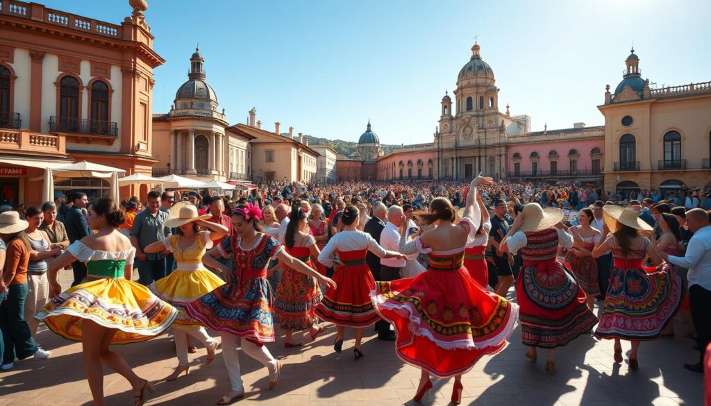 A lively scene of Argentina's vibrant festivals, captured under warm, golden sunlight. In the foreground, colorfully dressed dancers perform traditional folk dances, their movements fluid and energetic. The middle ground features a bustling crowd, filled with locals and tourists alike, enjoying the festivities. In the background, iconic Argentine architecture and landmarks create a picturesque setting, hinting at the country's rich cultural heritage. The overall atmosphere exudes a sense of joy, celebration, and cultural immersion, perfectly encapsulating the essence of Argentina's diverse events and festivals throughout the year. A lively scene of Argentina's vibrant festivals, captured under warm, golden sunlight. In the foreground, colorfully dressed dancers perform traditional folk dances, their movements fluid and energetic. The middle ground features a bustling crowd, filled with locals and tourists alike, enjoying the festivities. In the background, iconic Argentine architecture and landmarks create a picturesque setting, hinting at the country's rich cultural heritage. The overall atmosphere exudes a sense of joy, celebration, and cultural immersion, perfectly encapsulating the essence of Argentina's diverse events and festivals throughout the year.