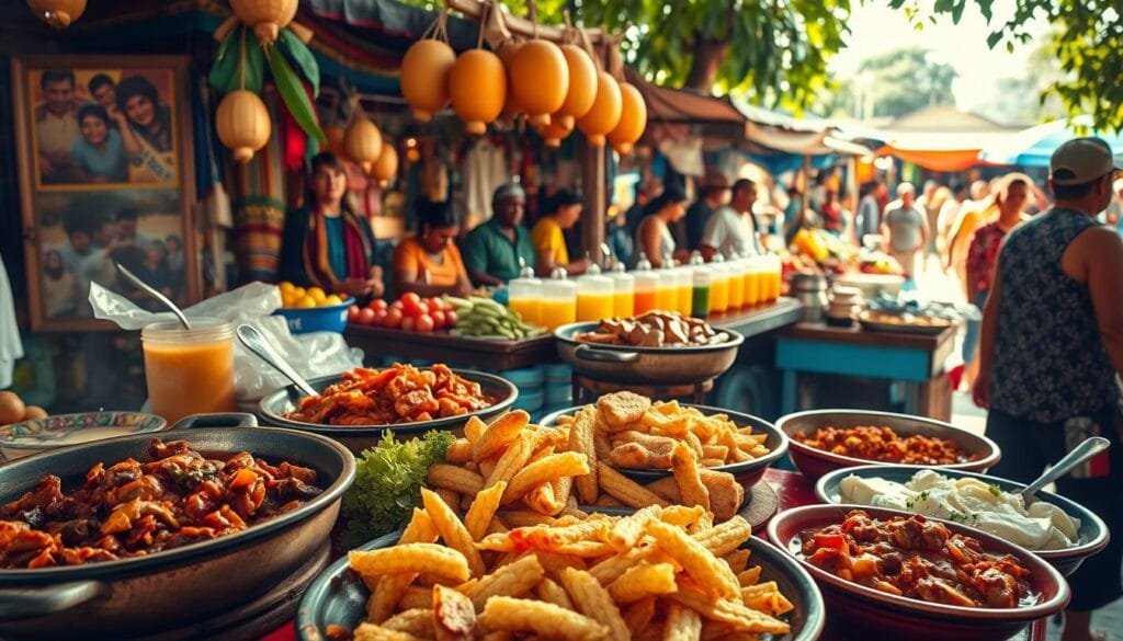 A lively scene of Brazil's vibrant culinary diversity. In the foreground, an array of traditional dishes - sizzling feijoada, creamy coconut-based moqueca, and fragrant garlic-infused pão de queijo. In the middle ground, vendors sell tropical fruits and fresh-squeezed juices, showcasing the country's agricultural bounty. In the background, a bustling market with colorful textiles, handicrafts, and the hum of animated conversation, capturing the cultural richness that permeates Brazilian cuisine. Warm natural lighting casts a golden glow, and the composition is framed by lush greenery, hinting at the nation's verdant landscapes. An immersive snapshot that celebrates the flavorful traditions and joyful spirit of Brazilian food. A lively scene of Brazil's vibrant culinary diversity. In the foreground, an array of traditional dishes - sizzling feijoada, creamy coconut-based moqueca, and fragrant garlic-infused pão de queijo. In the middle ground, vendors sell tropical fruits and fresh-squeezed juices, showcasing the country's agricultural bounty. In the background, a bustling market with colorful textiles, handicrafts, and the hum of animated conversation, capturing the cultural richness that permeates Brazilian cuisine. Warm natural lighting casts a golden glow, and the composition is framed by lush greenery, hinting at the nation's verdant landscapes. An immersive snapshot that celebrates the flavorful traditions and joyful spirit of Brazilian food.