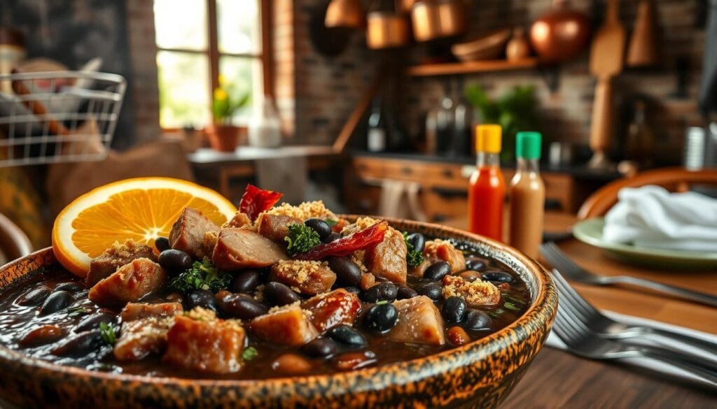 A luscious and authentic Brazilian feijoada dish, captured in a realistic, high-resolution image. In the foreground, a large, steaming bowl overflows with a thick, dark stew of black beans, chunks of tender pork, sausage, and smoky bacon. Garnishes of sliced orange, kale, and toasted manioc flour add vibrant pops of color and texture. The middle ground reveals a wooden table, set with a crisp white tablecloth, metal cutlery, and a bottle of hot sauce. The background features a cozy, rustic kitchen setting, with exposed brick walls, hanging copper pots, and natural light streaming in from a nearby window, casting a warm, inviting glow over the entire scene. A luscious and authentic Brazilian feijoada dish, captured in a realistic, high-resolution image. In the foreground, a large, steaming bowl overflows with a thick, dark stew of black beans, chunks of tender pork, sausage, and smoky bacon. Garnishes of sliced orange, kale, and toasted manioc flour add vibrant pops of color and texture. The middle ground reveals a wooden table, set with a crisp white tablecloth, metal cutlery, and a bottle of hot sauce. The background features a cozy, rustic kitchen setting, with exposed brick walls, hanging copper pots, and natural light streaming in from a nearby window, casting a warm, inviting glow over the entire scene.