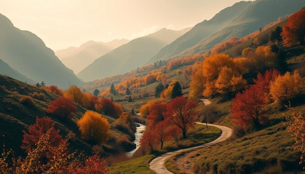 A lush, rolling landscape in Argentina's autumn splendor. In the foreground, a quaint rural path winds through a vibrant tapestry of russet, gold, and crimson foliage. Towering mountains loom in the distance, their peaks dusted with a subtle haze. Soft, diffused sunlight filters through the canopy, casting a warm, nostalgic glow over the scene. A small stream or river meanders through the middle ground, its surface reflecting the autumnal hues. The overall atmosphere evokes a sense of tranquility and the bittersweet beauty of the changing seasons. A lush, rolling landscape in Argentina's autumn splendor. In the foreground, a quaint rural path winds through a vibrant tapestry of russet, gold, and crimson foliage. Towering mountains loom in the distance, their peaks dusted with a subtle haze. Soft, diffused sunlight filters through the canopy, casting a warm, nostalgic glow over the scene. A small stream or river meanders through the middle ground, its surface reflecting the autumnal hues. The overall atmosphere evokes a sense of tranquility and the bittersweet beauty of the changing seasons.