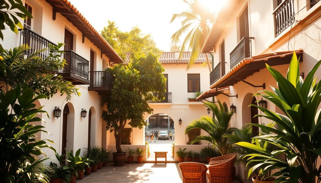 A lush, sun-dappled courtyard of a historic boutique hotel in Brazil, featuring whitewashed colonial architecture with terracotta roofs, ornate wrought-iron balconies, and verdant tropical foliage. The scene is bathed in warm, golden light, conveying a sense of timeless elegance and cultural heritage. In the foreground, a quaint seating area with wicker furniture invites guests to relax and soak in the ambiance. The middle ground showcases the hotel's elegant facade, while the background reveals glimpses of a vibrant, bustling Brazilian street beyond the walls. The overall mood is one of tranquil sophistication, blending the region's rich history with modern comforts. A lush, sun-dappled courtyard of a historic boutique hotel in Brazil, featuring whitewashed colonial architecture with terracotta roofs, ornate wrought-iron balconies, and verdant tropical foliage. The scene is bathed in warm, golden light, conveying a sense of timeless elegance and cultural heritage. In the foreground, a quaint seating area with wicker furniture invites guests to relax and soak in the ambiance. The middle ground showcases the hotel's elegant facade, while the background reveals glimpses of a vibrant, bustling Brazilian street beyond the walls. The overall mood is one of tranquil sophistication, blending the region's rich history with modern comforts.