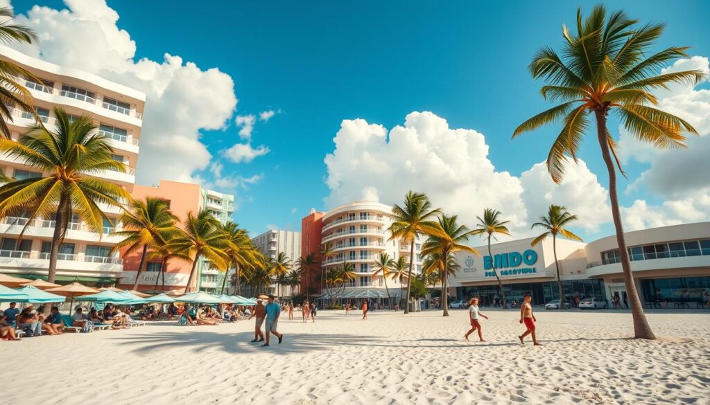 A lush, sun-drenched tropical oasis, Miami's palm-fringed beaches and vibrant Art Deco architecture create a captivating postcard-perfect scene. In the foreground, sun-kissed beachgoers stroll along the soft white sand, umbrellas and colorful towels dotting the landscape. The middle ground features the iconic pastel-hued buildings of South Beach, their sleek, curved facades bathed in warm golden light. In the background, swaying palm trees frame a brilliant azure sky, puffy white clouds drifting lazily overhead. The overall atmosphere exudes a sense of laid-back luxury and carefree, resort-style living, perfectly capturing Miami's allure as a premier tropical vacation destination. A lush, sun-drenched tropical oasis, Miami's palm-fringed beaches and vibrant Art Deco architecture create a captivating postcard-perfect scene. In the foreground, sun-kissed beachgoers stroll along the soft white sand, umbrellas and colorful towels dotting the landscape. The middle ground features the iconic pastel-hued buildings of South Beach, their sleek, curved facades bathed in warm golden light. In the background, swaying palm trees frame a brilliant azure sky, puffy white clouds drifting lazily overhead. The overall atmosphere exudes a sense of laid-back luxury and carefree, resort-style living, perfectly capturing Miami's allure as a premier tropical vacation destination.