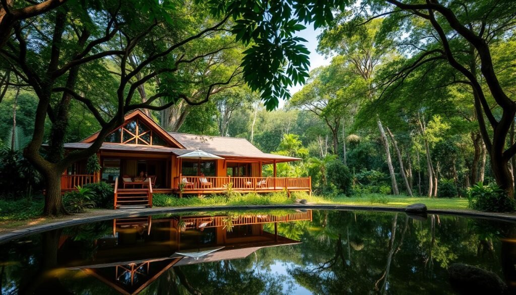 A lush, verdant Brazilian rainforest backdrop sets the stage for an eco-friendly lodge nestled among the towering trees. The lodge features a warm, earthy color palette with natural wood and bamboo accents, seamlessly blending into the surrounding environment. Large, picture windows offer panoramic views of the verdant landscape, allowing sunlight to flood the interior. In the foreground, a tranquil pond reflects the lodge and the canopy of leaves above, creating a serene, zen-like atmosphere. Guests can be seen relaxing on the spacious, shaded veranda, immersed in the sights and sounds of the vibrant, untouched wilderness. An environmentally conscious design and sustainable practices are apparent, making this the perfect eco-friendly retreat in the heart of Brazil. A lush, verdant Brazilian rainforest backdrop sets the stage for an eco-friendly lodge nestled among the towering trees. The lodge features a warm, earthy color palette with natural wood and bamboo accents, seamlessly blending into the surrounding environment. Large, picture windows offer panoramic views of the verdant landscape, allowing sunlight to flood the interior. In the foreground, a tranquil pond reflects the lodge and the canopy of leaves above, creating a serene, zen-like atmosphere. Guests can be seen relaxing on the spacious, shaded veranda, immersed in the sights and sounds of the vibrant, untouched wilderness. An environmentally conscious design and sustainable practices are apparent, making this the perfect eco-friendly retreat in the heart of Brazil.