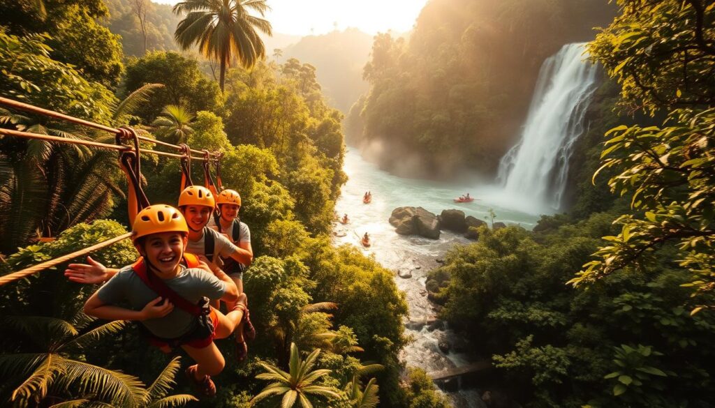 A lush, verdant Brazilian rainforest backdrop with sunlight filtering through the canopy. In the foreground, a group of adventurous travelers zip-lining through the treetops, their adrenaline-fueled expressions captured mid-flight. In the middle ground, a rushing river winds through the landscape, kayakers navigating its rapids with expert precision. Towering waterfalls cascade in the distance, their mist creating a shimmering haze. The scene exudes a sense of unbridled exploration and the thrill of discovering Brazil's untamed natural wonders. The lighting is warm and golden, evoking the vibrant energy of the tropics. Captured with a wide-angle lens to convey the scale and grandeur of this adventure travel destination.